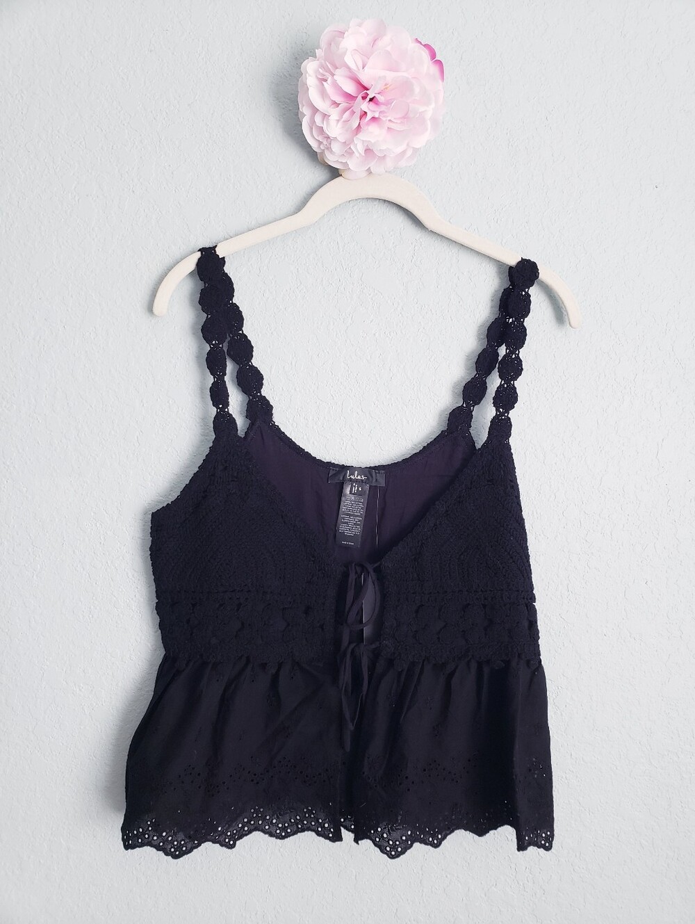 Lulus Black Crochet Trim Eyelet Tie-Front Cami Tank Top